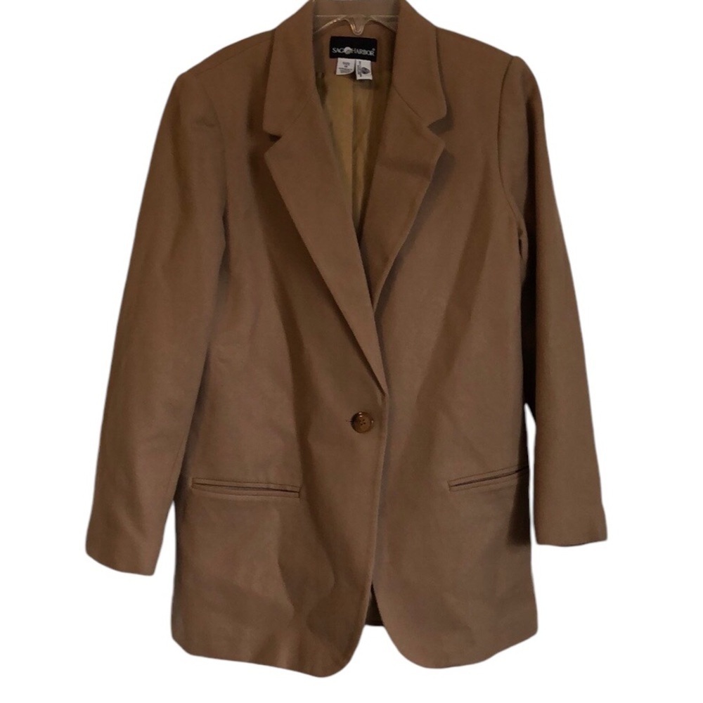 VTG Sag Harbor 100% Wool Blazer Sz 14 Tan Capsule Wardrobe Work Wear Cottagecore